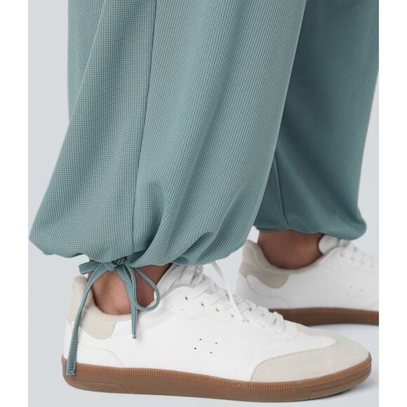 V Neck Long Sleeve Pleated Pocket Adjustable Drawstring Hem Waffle Casual Jump - Picture 6 of 7